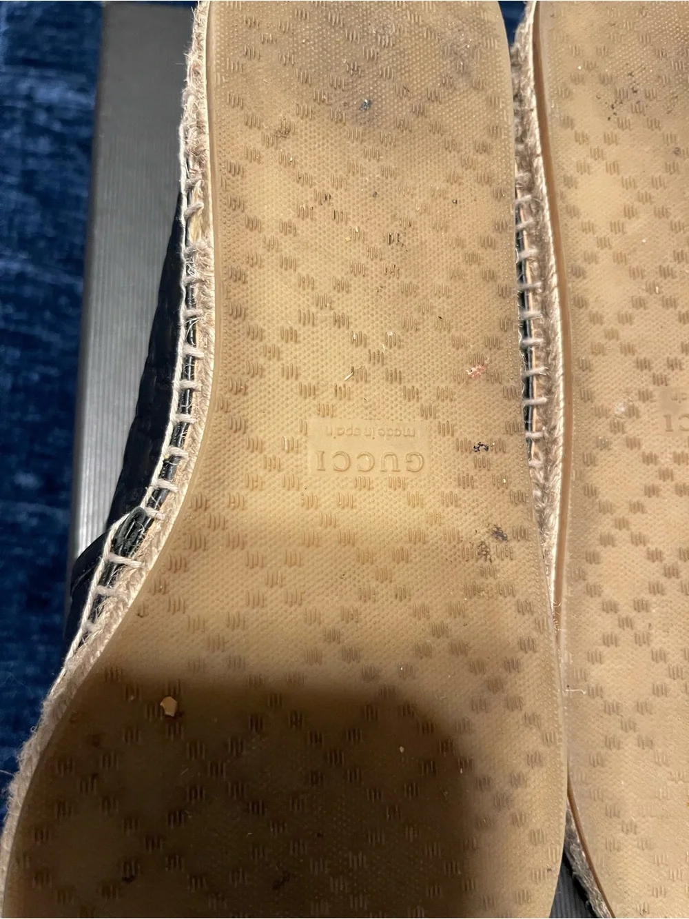 Gucci Black monogram Embossed Leather Espadrille Shoes size 8.5